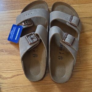 Birkenstock Men's Taupe Two-Strap Sandals with Copper Buckles